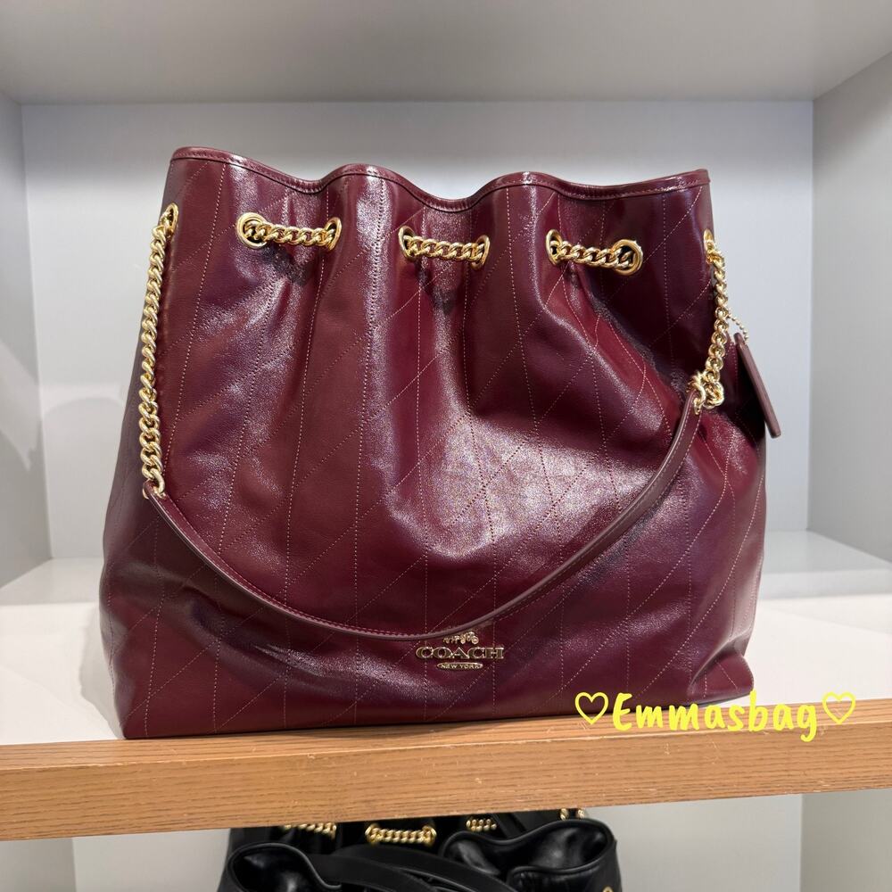 NWT Coach Evelyn Large Shoulder Bag With Quilting Leather CCZ81 Gold/Dark Wine - Picture 1 of 6
